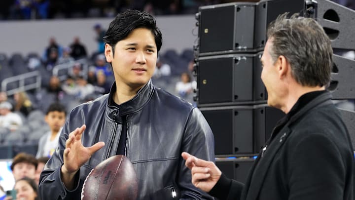 Shohei Ohtani (left) and agent Nez Balelo attend the game between the Los Angeles Rams and the New Orleans Saints at SoFi Stadium on Dec. 21, 2023. Shohei Ohtani (left) and agent Nez Balelo attend the game between the Los Angeles Rams and the New Orleans Saints at SoFi Stadium on Dec. 21, 2023.