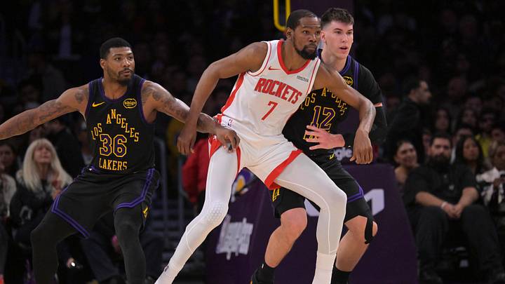 Apr 21, 2026; Los Angeles, California, USA; Houston Rockets forward Kevin Durant (7) is defended by Los Angeles Lakers guard Marcus Smart (36) and forward Jake LaRavia (12) in the first half of game two of the first round of the 2026 NBA Playoffs at Crypto.com Arena. Mandatory Credit: Jayne Kamin-Oncea-Imagn Images Apr 21, 2026; Los Angeles, California, USA; Houston Rockets forward Kevin Durant (7) is defended by Los Angeles Lakers guard Marcus Smart (36) and forward Jake LaRavia (12) in the first half of game two of the first round of the 2026 NBA Playoffs at Crypto.com Arena. Mandatory Credit: Jayne Kamin-Oncea-Imagn Images