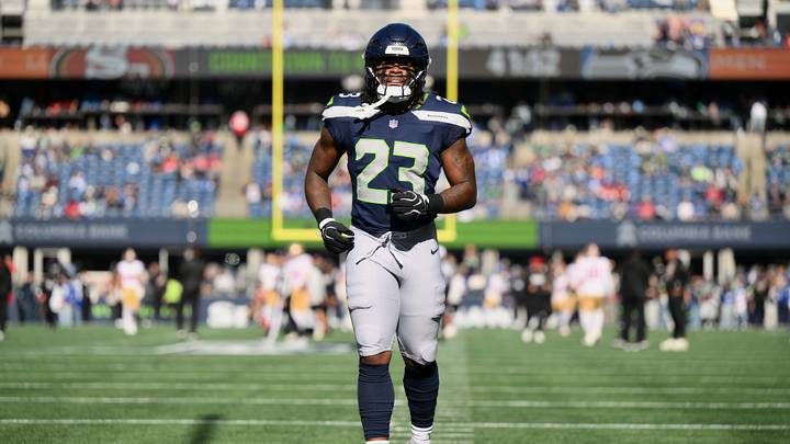 Seattle Seahawks running back Emanuel Wilson (23) warms up before a game against the San Francisco 49ers at Lumen Field. Seattle Seahawks running back Emanuel Wilson (23) warms up before a game against the San Francisco 49ers at Lumen Field.