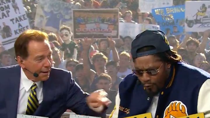 Nick Saban (left) and Marshawn Lynch on the set of ESPN College Gameday in Berkeley, California on Saturday, October 5, 2024. 