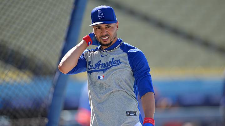 May 11, 2026; Los Angeles, California, USA;  Los Angeles Dodgers shortstop Mookie Betts (50) takes batting practice prior to the game against the San Francisco Giants at Dodger Stadium. Mandatory Credit: Jayne Kamin-Oncea-Imagn Images