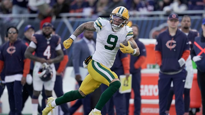 Green Bay Packers wide receiver Christian Watson sprints upfield for a 60-yard gain against the Chicago Bears on Sunday.