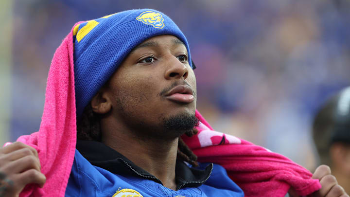 Pittsburgh Panthers linebacker Kyle Louis (9) looks on from the sidelines.
