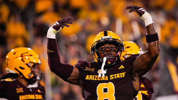 Aug 30, 2025; Tempe, Arizona, USA;  Arizona State Sun Devils linebacker Jordan Crook (8) motions to the crowd to kick up the noise between Arizona State Sun Devils and Northern Arizona Lumberjacks at Mountain America Stadium. Mandatory Credit: Arianna Grainey-Imagn Images
