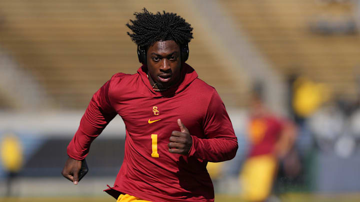 Oct 28, 2023; Berkeley, California, USA; USC Trojans wide receiver Zachariah Branch (1) warms up before the game against the California Golden Bears at California Memorial Stadium. Mandatory Credit: Darren Yamashita-Imagn Images