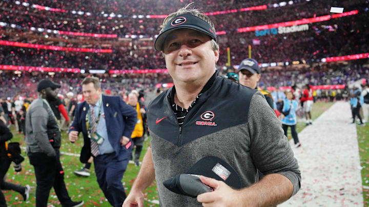 Jan 9, 2023; Inglewood, CA, USA; Georgia Bulldogs head coach Kirby Smart runs off the field after winning the CFP national championship game against the TCU Horned Frogs at SoFi Stadium. Mandatory Credit: Kirby Lee-Imagn Images