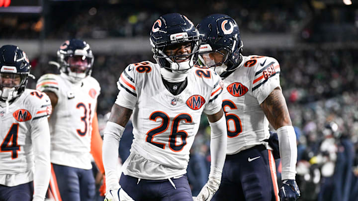 Nov 28, 2025; Philadelphia, Pennsylvania, USA; Chicago Bears cornerback Nahshon Wright (26) celebrates after recovering a fumble against the Philadelphia Eagles during the third quarter of the game at Lincoln Financial Field. Mandatory Credit: Eric Hartline-Imagn Images