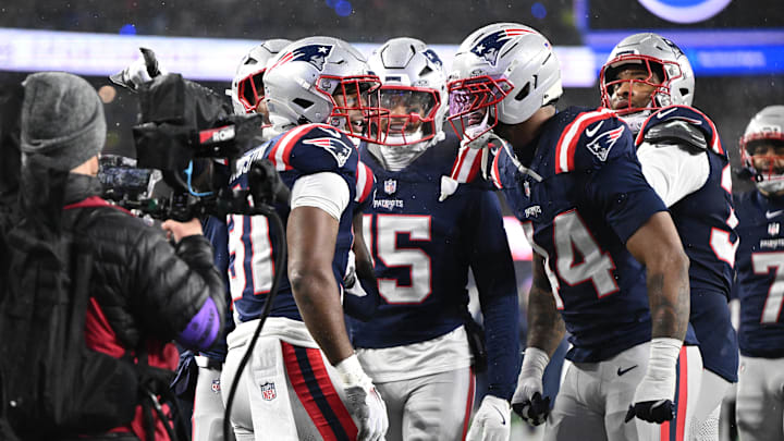 Jan 18, 2026; Foxborough, MA, USA; New England Patriots safety Craig Woodson (31) celebrates an interception in the second ha
