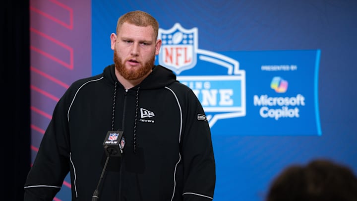 Feb 28, 2026; Indianapolis, IN, USA; Georgia Tech offensive lineman Keylan Rutledge (OL44) speaks to members of the media during the NFL Combine at the Indiana Convention Center. Mandatory Credit: Jacob Musselman-Imagn Images