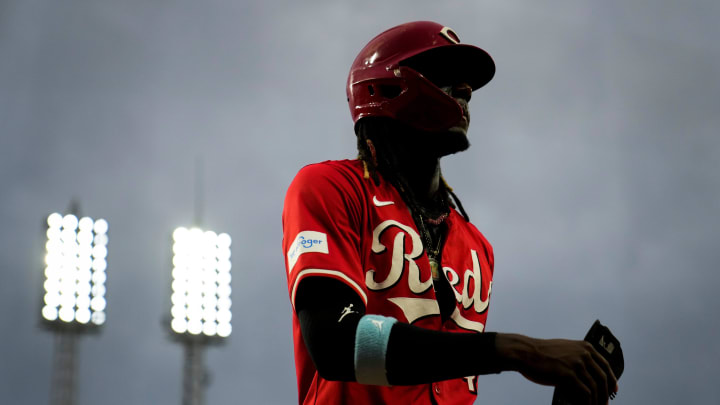 Cincinnati Reds shortstop Elly De La Cruz (44) returns to the dugout after scoring on a Spencer Steer double in the fifth inning of the MLB National League game between the Cincinnati Reds and the Pittsburgh Pirates at Great American Ball Park on Tuesday, June 25, 2024. The Pirates won the second game of the series, 9-5.