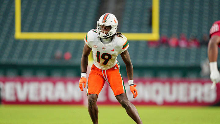 Sep 23, 2023; Philadelphia, Pennsylvania, USA;  Miami Hurricanes defensive back Jaden Harris (19) looks on in the second half against the Temple Owls at Lincoln Financial Field. Mandatory Credit: Andy Lewis-Imagn Images
