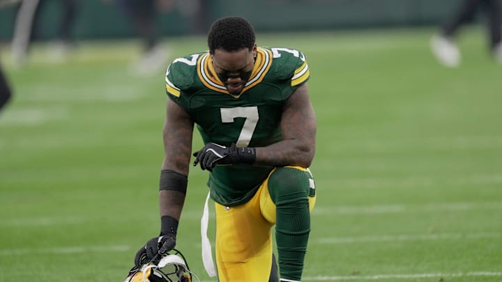 Green Bay Packers linebacker Quay Walker (7) takes a moment before their game against the San Francisco 49ers Sunday, November 24, 2024 at Lambeau Field in Green Bay, Wisconsin.