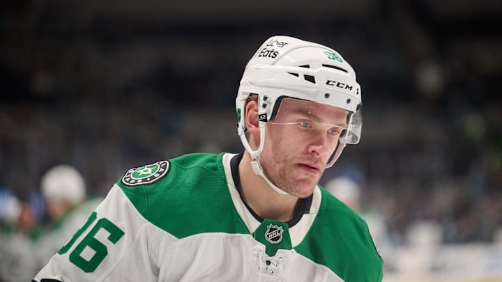 Jan 10, 2026; San Jose, California, USA; Dallas Stars right wing Mikko Rantanen (96) warms up before the game against the San Jose Sharks at SAP Center at San Jose. Mandatory Credit: Robert Edwards-Imagn Images
