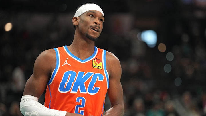 Dec 23, 2025; San Antonio, Texas, USA; Oklahoma City Thunder guard Shai Gilgeous-Alexander (2) holds his finger during the first half against the San Antonio Spurs at Frost Bank Center. Mandatory Credit: Scott Wachter-Imagn Images