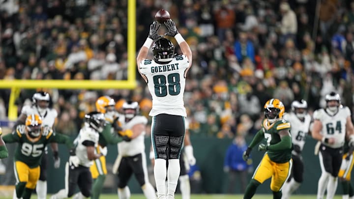 Nov 10, 2025; Green Bay, Wisconsin, USA; Philadelphia Eagles tight end Dallas Goedert (88) attempts to make a catch against the Green Bay Packers in the second half at Lambeau Field. Mandatory Credit: Jeff Hanisch-Imagn Images