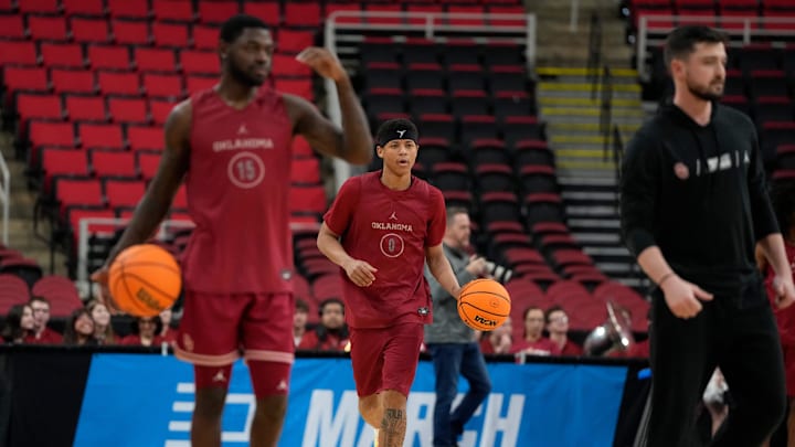 Mar 20, 2025; Raleigh, NC, USA; Oklahoma Sooners guard Jeremiah Fears (0) dribbles during practice at Lenovo Center. Mandatory Credit: Bob Donnan-Imagn Images