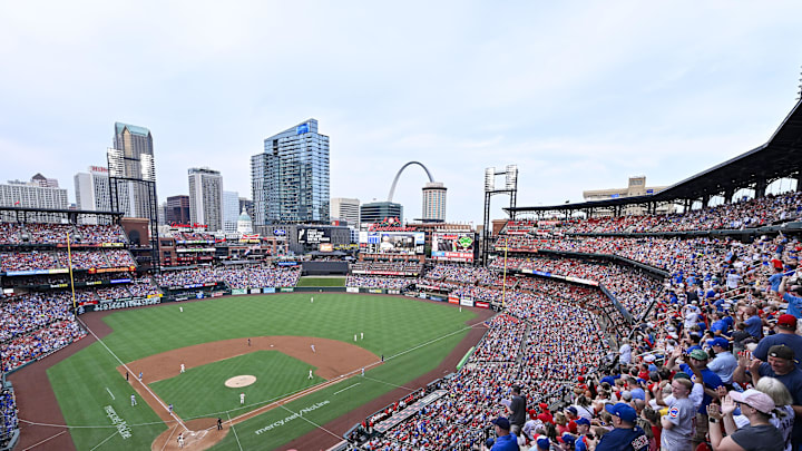 Aug 9, 2025; St. Louis, Missouri, USA;  A general view of Busch Stadium during the second inning of a game between the St. Louis Cardinals and the Chicago Cubs. Mandatory Credit: Jeff Curry-Imagn Images
