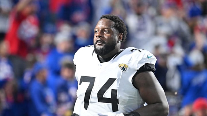 Jacksonville Jaguars offensive tackle Cam Robinson (74) enters the field before a game against the Buffalo Bills at Highmark Stadium in Orchard Park, N.Y., on Sept. 23, 2024. Jacksonville Jaguars offensive tackle Cam Robinson (74) enters the field before a game against the Buffalo Bills at Highmark Stadium in Orchard Park, N.Y., on Sept. 23, 2024.
