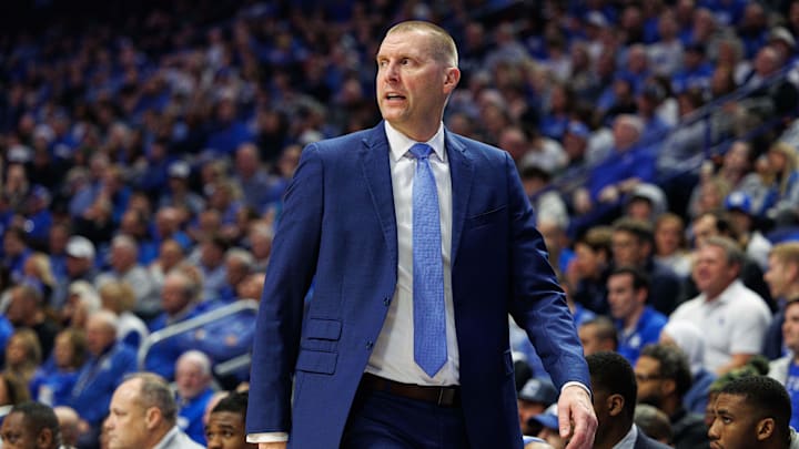 Dec 11, 2024; Lexington, Kentucky, USA; Kentucky Wildcats head coach Mark Pope watches the action during the first half against the Colgate Raiders at Rupp Arena at Central Bank Center. Mandatory Credit: Jordan Prather-Imagn Images