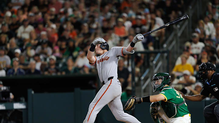 Jul 6, 2025; West Sacramento, California, USA; San Francisco Giants second baseman Tyler Fitzgerald (49) hits a one run home run during the eighth inning against the Athletics at Sutter Health Park. Mandatory Credit: Sergio Estrada-Imagn Images Jul 6, 2025; West Sacramento, California, USA; San Francisco Giants second baseman Tyler Fitzgerald (49) hits a one run home run during the eighth inning against the Athletics at Sutter Health Park. Mandatory Credit: Sergio Estrada-Imagn Images
