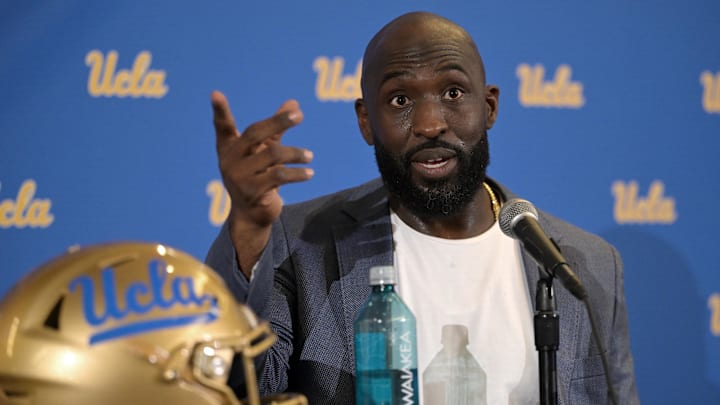 Feb 13, 2024; Los Angeles, CA, USA;  DeShaun Foster answers questions from media after he was introduced as the UCLA Bruins head football coach during a press conference at Pauley Pavilion.  Mandatory Credit: Jayne Kamin-Oncea-Imagn Images