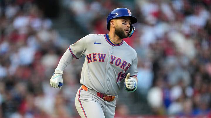 May 2, 2026; Anaheim, California, USA; New York Mets third baseman Bo Bichette (19) runs the bases on a RBI single in the third inning against the Los Angeles Angels at Angel Stadium. Mandatory Credit: Kirby Lee-Imagn Images
