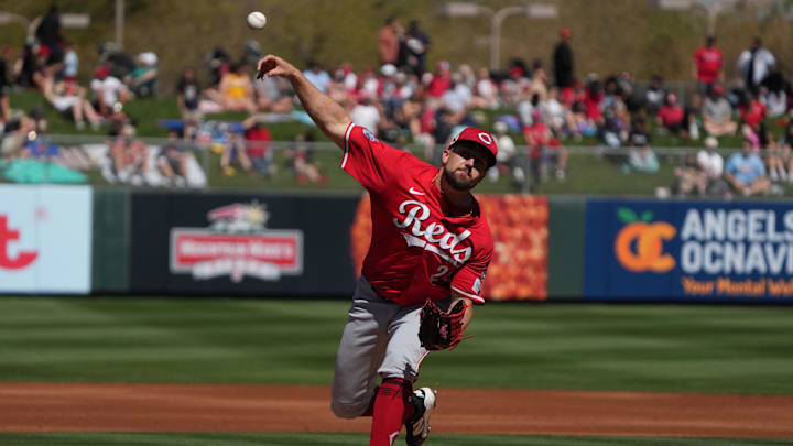 Mar 9, 2025; Tempe, Arizona, USA; Cincinnati Reds pitcher Graham Ashcraft (23) throws against the Los Angeles Angels in the first inning at Tempe Diablo Stadium. Mandatory Credit: Rick Scuteri-Imagn Images