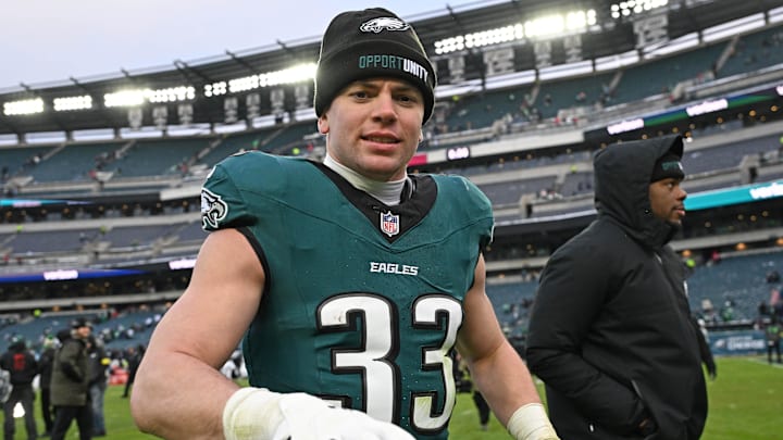 Dec 14, 2025; Philadelphia, Pennsylvania, USA; Philadelphia Eagles cornerback Cooper Dejean (33) walks off the field after win against the Las Vegas Raiders at Lincoln Financial Field.