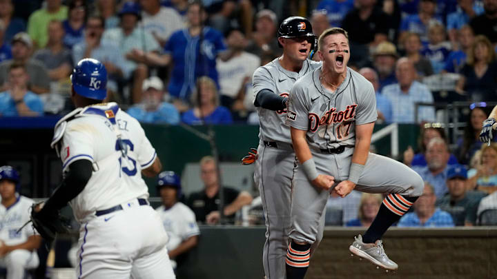 Detroit Tigers Jace Jung and Spencer Torkelson celebrate at the plate in a game against the Kansas City Royals.
