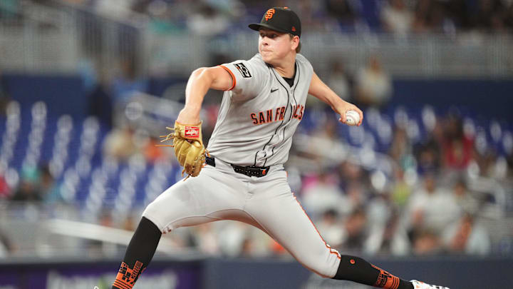May 30, 2025; Miami, Florida, USA; San Francisco Giants pitcher Kyle Harrison (45) pitches against the Miami Marlins in the first inning at loanDepot Park. Mandatory Credit: Jim Rassol-Imagn Images May 30, 2025; Miami, Florida, USA; San Francisco Giants pitcher Kyle Harrison (45) pitches against the Miami Marlins in the first inning at loanDepot Park. Mandatory Credit: Jim Rassol-Imagn Images