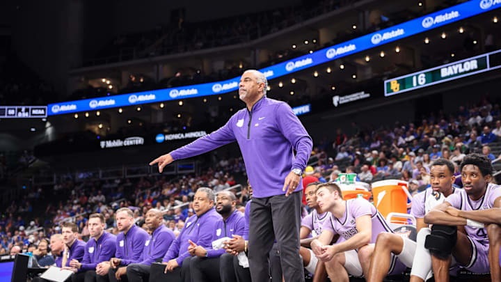 Mar 12, 2025; Kansas City, MO, USA; Kansas State Wildcats coach Jerome Tang on the sidelines during the first half against the Baylor Bears at T-Mobile Center. Mandatory Credit: William Purnell-Imagn Images