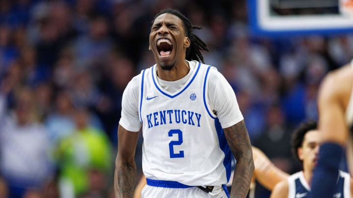 Feb 10, 2024; Lexington, Kentucky, USA; Kentucky Wildcats forward Aaron Bradshaw (2) celebrates