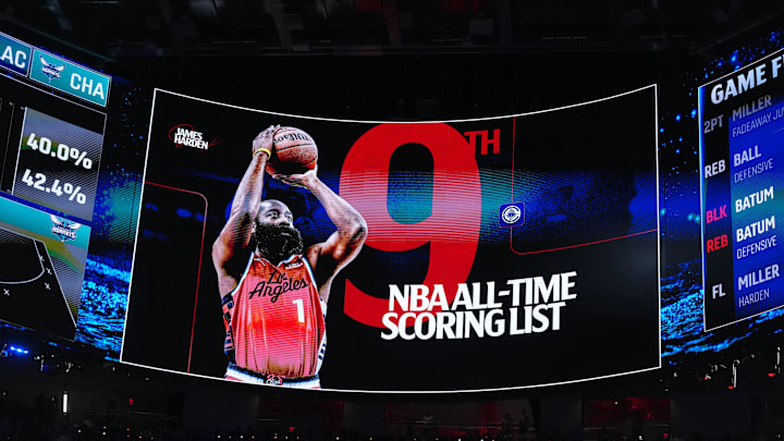 Jan 12, 2026; Inglewood, California, USA; An Intuit Dome video board graphic after LA Clippers guard James Harden (1) moved into ninth on the NBA all-time scoring list in the second half against the Charlotte Hornets. Mandatory Credit: Kirby Lee-Imagn Images
