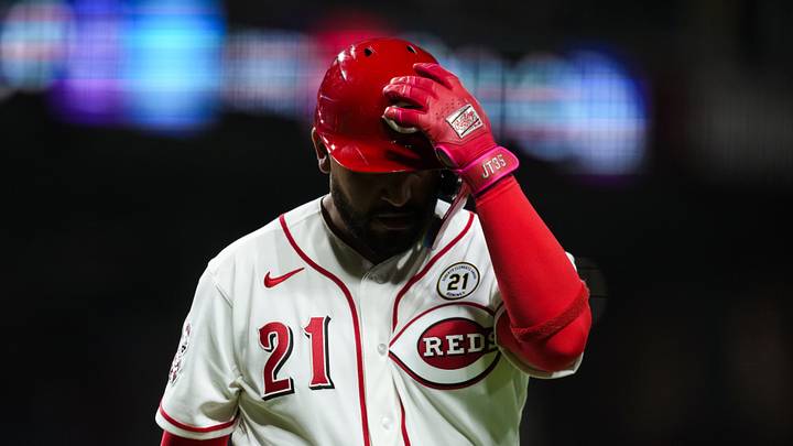 Sep 15, 2026; Cincinnati, Ohio, USA; Cincinnati Reds catcher Jose Trevino reacts after striking out during the game against the Los Angeles Dodgers in the ninth inning at Great American Ball Park. Jose Trevino wore number 21 in honor of Roberto Clemente day. Mandatory Credit: Aaron Doster-Imagn Images Sep 15, 2026; Cincinnati, Ohio, USA; Cincinnati Reds catcher Jose Trevino reacts after striking out during the game against the Los Angeles Dodgers in the ninth inning at Great American Ball Park. Jose Trevino wore number 21 in honor of Roberto Clemente day. Mandatory Credit: Aaron Doster-Imagn Images