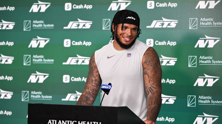 Jun 10, 2025; East Rutherford, NJ, USA; New York Jets linebacker Jermaine Johnson (11) speaks at a press conference during minicamp at Atlantic Health Jets Training Center. Mandatory Credit: John Jones-Imagn Images