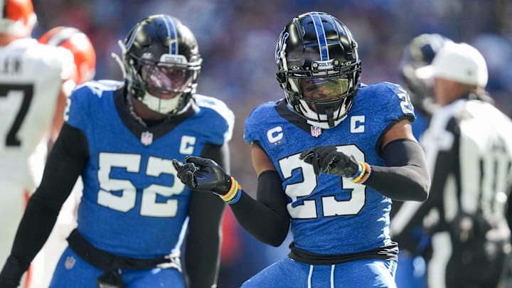 Indianapolis Colts cornerback Kenny Moore II (23) celebrates after sacking Cleveland Browns