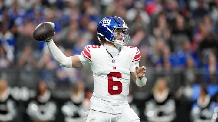 Dec 28, 2025; Paradise, Nevada, USA; New York Giants quarterback Jaxson Dart (6) throws the ball in the first half against the Las Vegas Raiders at Allegiant Stadium. Mandatory Credit: Kirby Lee-Imagn Images