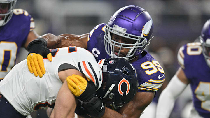 Nov 27, 2023; Minneapolis, Minnesota, USA; Minnesota Vikings linebacker Danielle Hunter (99) tackles