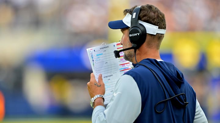 Dallas Cowboys head coach Brian Schottenheimer on the sidelines during the game against the Los Angeles Rams at SoFi Stadium. 
