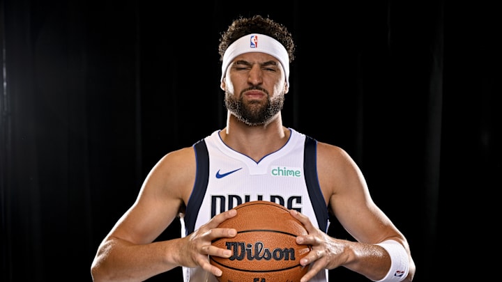 Sep 30, 2024; Dallas, TX, USA; Dallas Mavericks guard Klay Thompson (31) poses for a photo during the 2024 Dallas Mavericks media day. Mandatory Credit: Jerome Miron-Imagn Images