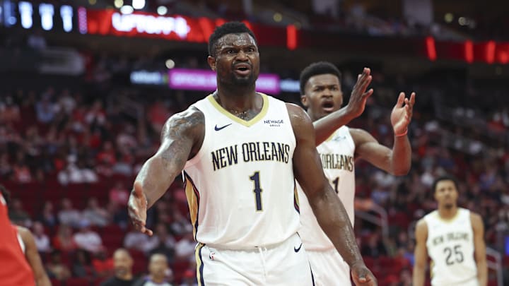 Mar 8, 2025; Houston, Texas, USA;  New Orleans Pelicans forward Zion Williamson (1) reacts after a play during the game against the Houston Rockets at Toyota Center. Mandatory Credit: Troy Taormina-Imagn Images