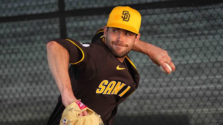 Feb 13, 2024; Peoria, AZ, USA; San Diego Padres pitcher Tom Cosgrove throws during a Spring Training workout at Peoria Sports Complex. Mandatory Credit: Joe Camporeale-USA TODAY Sports