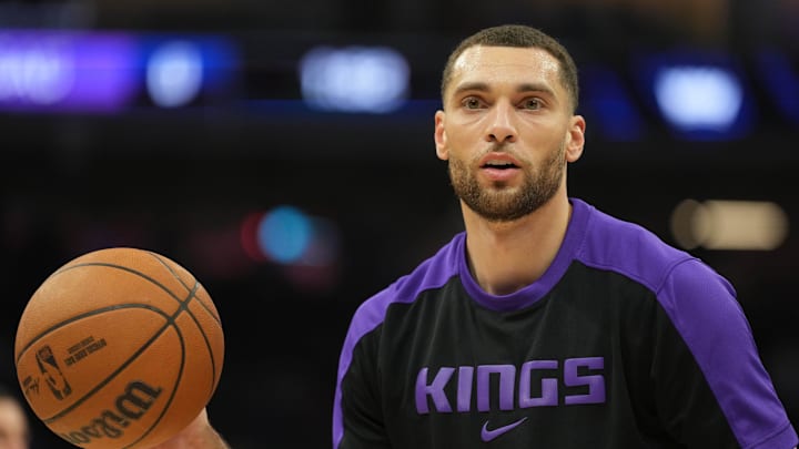 Apr 11, 2025; Sacramento, California, USA; Sacramento Kings guard Zach LaVine (8) warms up before the game against the Los Angeles Clippers at Golden 1 Center. Mandatory Credit: Darren Yamashita-Imagn Images