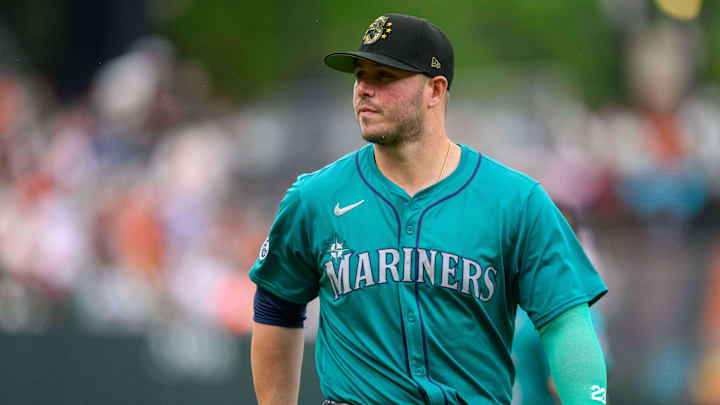 May 17, 2024; Baltimore, Maryland, USA; Seattle Mariners first base Ty France (23) warms up before the game between the Baltimore Orioles and the Seattle Mariners at Oriole Park at Camden Yards. Mandatory Credit: Reggie Hildred-USA TODAY Sports