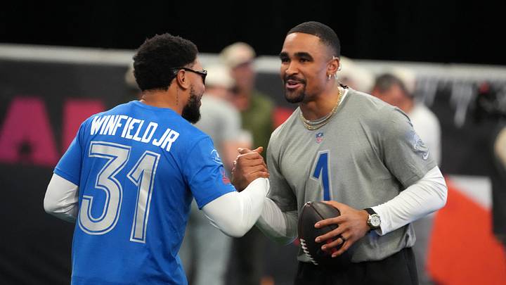 Feb 2, 2026; San Francisco, CA, USA; Philadelphia Eagles quarterrback Jalen Hurts (1) and Tampa Bay Buccaneers safety Antoine Winfield Jr. (31) during NFC practice at the NFL Flag Fieldhouse at Moscone Center South Building. Mandatory Credit: Kirby Lee-Imagn Images Feb 2, 2026; San Francisco, CA, USA; Philadelphia Eagles quarterrback Jalen Hurts (1) and Tampa Bay Buccaneers safety Antoine Winfield Jr. (31) during NFC practice at the NFL Flag Fieldhouse at Moscone Center South Building. Mandatory Credit: Kirby Lee-Imagn Images