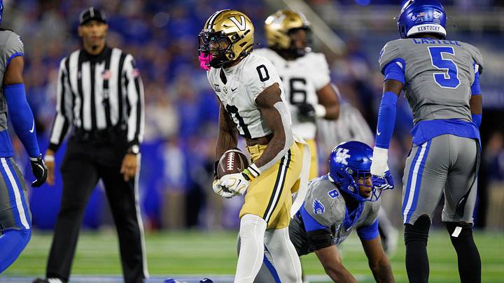 Oct 24, 2026; Lexington, Kentucky, USA;  Vanderbilt Commodores wide receiver Junior Sherrill (0) celebrates during the third quarter against the Kentucky Wildcats at Kroger Field.  Mandatory Credit: Jordan Prather-Imagn Images