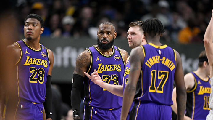 Apr 9, 2025; Dallas, Texas, USA; Los Angeles Lakers forward Rui Hachimura (28) and forward LeBron James (23) and guard Luka Doncic (77) and forward Dorian Finney-Smith (17) during the game between the Dallas Mavericks and the Los Angeles Lakers at American Airlines Center. Mandatory Credit: Jerome Miron-Imagn Images Apr 9, 2025; Dallas, Texas, USA; Los Angeles Lakers forward Rui Hachimura (28) and forward LeBron James (23) and guard Luka Doncic (77) and forward Dorian Finney-Smith (17) during the game between the Dallas Mavericks and the Los Angeles Lakers at American Airlines Center. Mandatory Credit: Jerome Miron-Imagn Images