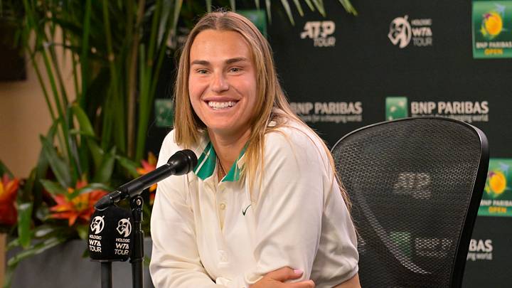 Mar 6, 2024; Indian Wells, CA, USA; Aryna Sabalenka answers questions from the media during a press conference during the BNP Paribas Open at the Indian Wells Tennis Garden. Mandatory Credit: Jayne Kamin-Oncea-USA TODAY Sports Mar 6, 2024; Indian Wells, CA, USA; Aryna Sabalenka answers questions from the media during a press conference during the BNP Paribas Open at the Indian Wells Tennis Garden. Mandatory Credit: Jayne Kamin-Oncea-USA TODAY Sports