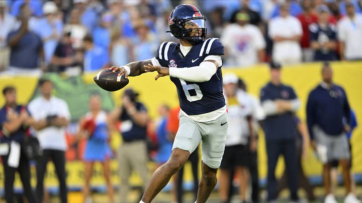 Sep 6, 2026; Nashville, Tennessee, USA; Mississippi Rebels quarterback Trinidad Chambliss (6) throws downfield against the Louisville Cardinals during the first quarter at Nissan Stadium. Mandatory Credit: Steve Roberts-Imagn Images Sep 6, 2026; Nashville, Tennessee, USA; Mississippi Rebels quarterback Trinidad Chambliss (6) throws downfield against the Louisville Cardinals during the first quarter at Nissan Stadium. Mandatory Credit: Steve Roberts-Imagn Images