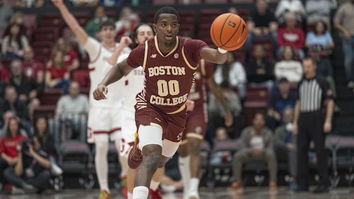 Feb 26, 2025; Stanford, California, USA;  Boston College Eagles guard Chas Kelley III (00) chases after the ball during the first half against the Stanford Cardinal at Maples Pavilion. Mandatory Credit: Stan Szeto-Imagn Images